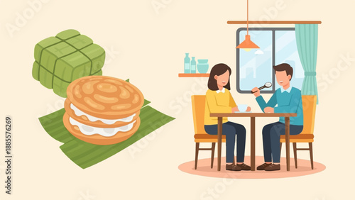 Couple enjoys a meal while traditional cuisine rests on banana leaves nearby