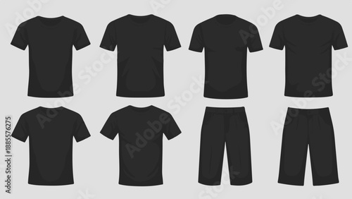 Collection of plain black t-shirts and shorts arranged in two rows