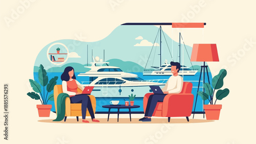 Couple relaxing by the water with yachts, working on laptops from home