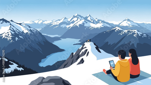 Couple on snowy peak using tablet with mountain lake vista