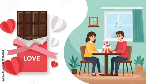 Couple enjoys a romantic date with chocolate and a cupcake indoors
