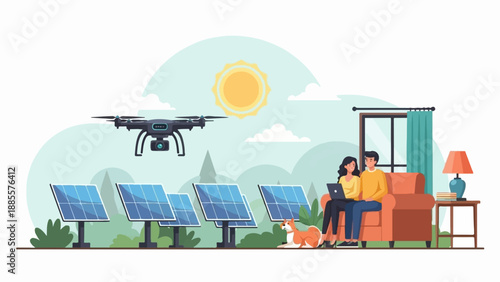 Couple on sofa with laptop, drone, solar panels, dog, lamp, sun