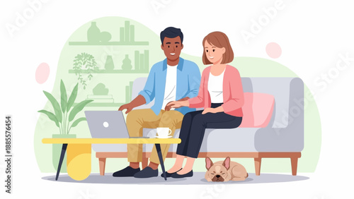 Couple on sofa with laptop and dog