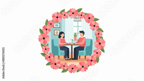 Couple enjoys a romantic indoor date framed by a vibrant floral wreath