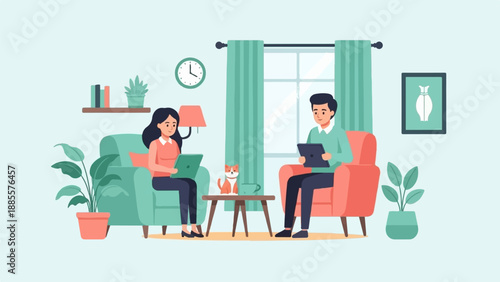Couple and cat relaxing at home, using tablets
