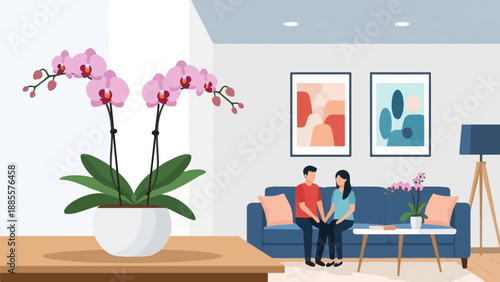 Couple on sofa in living room with orchids and art