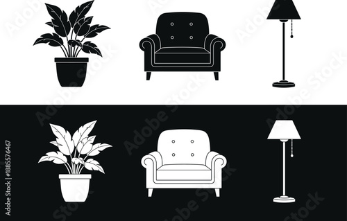 Minimalist black-and-white household icons featuring potted plant, armchair, and floor lamp in contrasting light and dark themes, symmetrical layout, modern interior design inspiration