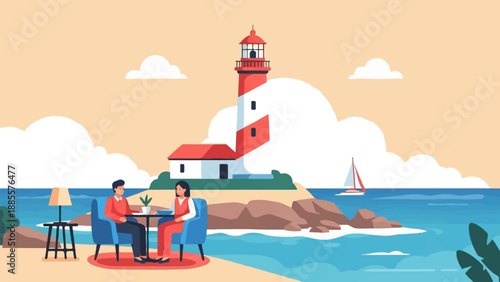 Couple enjoys a seaside view at a lighthouse cafe with a sailboat