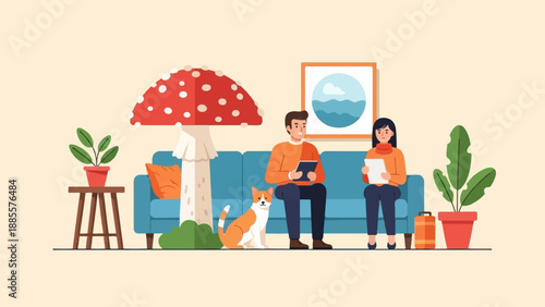 Couple and cat relax in a cozy living room with mushroom decor