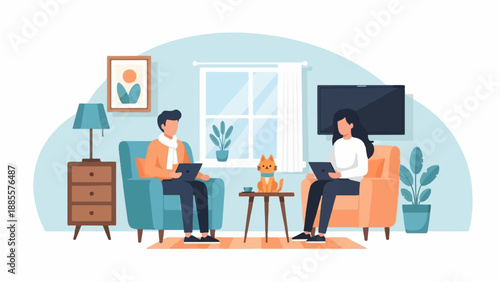 Couple and cat relax at home, working on laptops in cozy living room