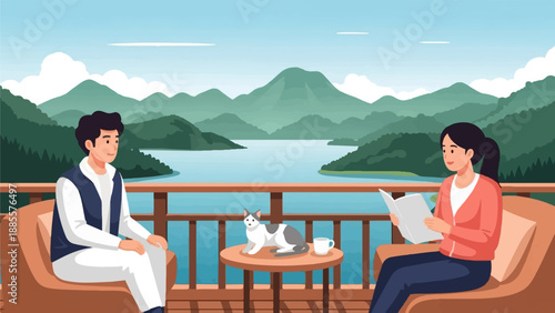 Couple and cat on balcony overlooking tranquil lake and misty mountains