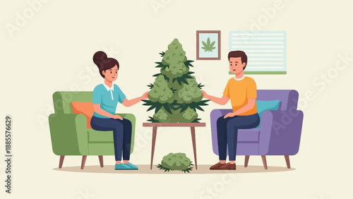 Couple admire large cannabis plant in room with framed leaf