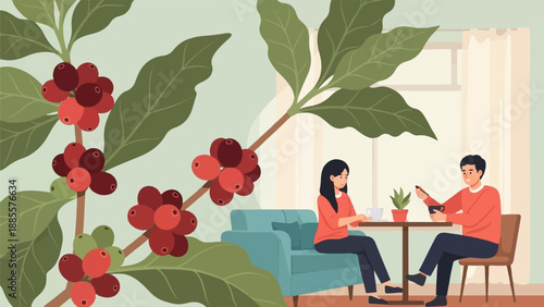 Couple enjoys coffee indoors with coffee plant branches framing the scene
