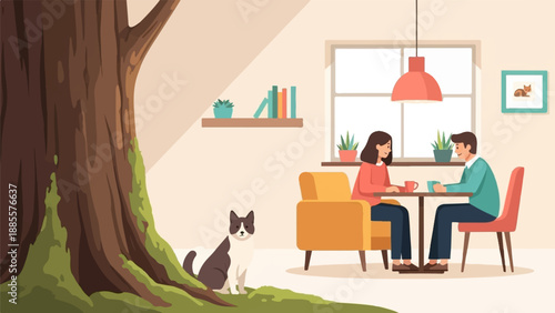 Couple enjoys coffee indoors next to a cat near a large tree