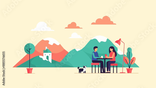 Couple enjoys coffee with a dog and mountains in background