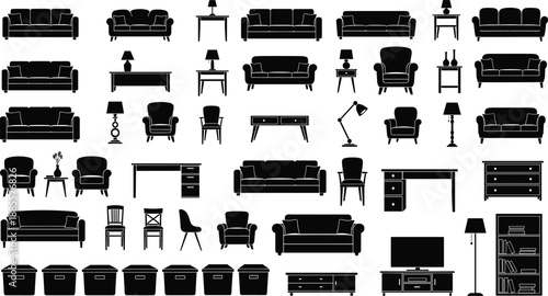 Silhouette Collection of Modern Furniture Icons Featuring Sofas, Chairs, Tables, Lamps, Storage, Bookshelf, Television, Dresser, and Home Decor Essentials