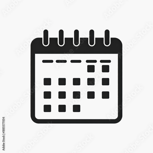 Black calendar icon with a grid of squares, representing dates, scheduling, and time management in a simple graphic style.