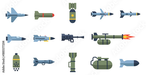 Collection of military aircraft and weapon icons on a black background