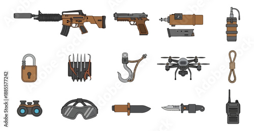 Collection of weaponry and equipment illustrations on black background