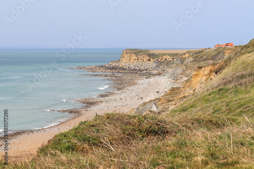 Beautiful view along the cliffs of Pointe de Nid de Corbet, near Audresselles on the Opal Coast of Northern France, looking out across the Channel. Copy space above.