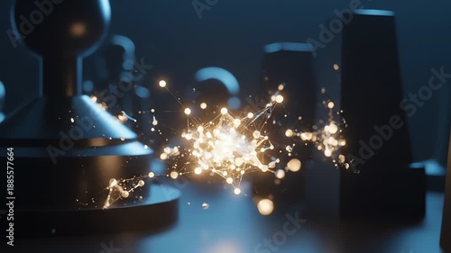 Close-up of glowing golden sparks flying between black geometric shapes on a dark background with a cinematic lighting effect.