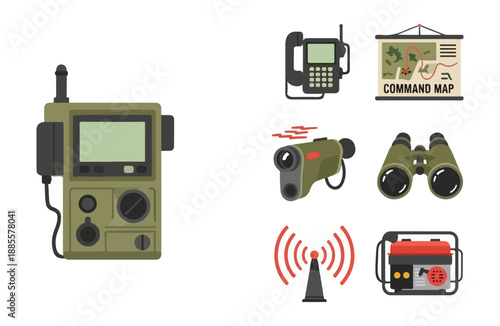 Military and communication equipment set vector illustration