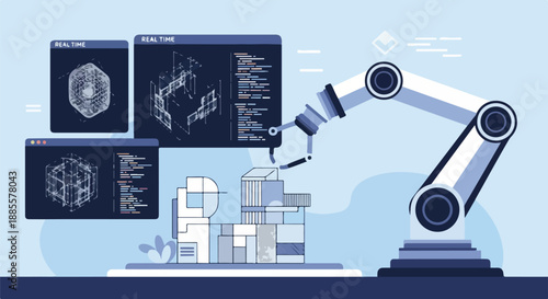 Robotic arm building a modern structure with blueprints and data displayed on screens, concept of automation and technology