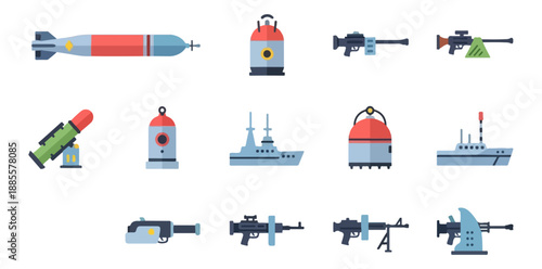 Military equipment collection flat design on black