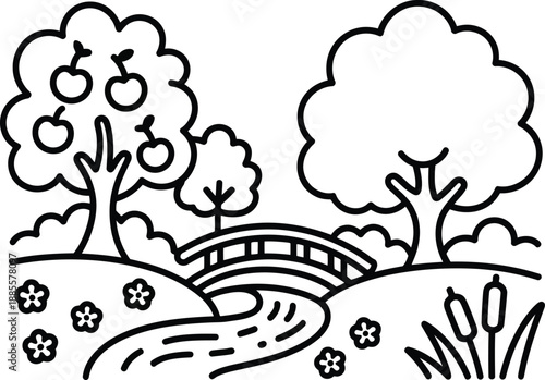 A charming park landscape features a winding river flowing under a small bridge with apple trees and bushes