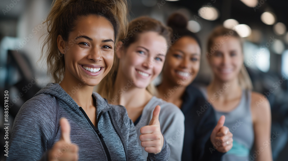 Obraz premium Group of smiling women in gym giving thumbs up, encouragement and support display, fitness motivation scene, teamwork and healthy lifestyle, workout partner support, wellness