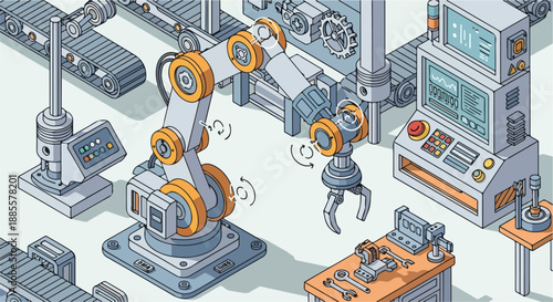 Isometric view of automated factory assembly line with robotic arm, conveyor belts, and control panel