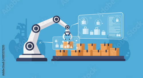 Robotic arm in a factory sorting packages on a conveyor belt with digital interface, automation concept