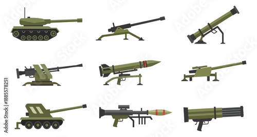 Military vehicles and weaponry collection in pixelated style