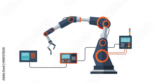 Industrial robotic arm with control panel and monitor, modern automation technology, factory equipment, isolated on white background
