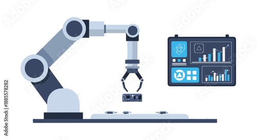 Robotic arm in a factory assembly line, with a digital control panel showing data and charts, representing automation and industry.