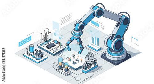 Industrial robotic arm and automated manufacturing process with gears and circuit boards, isometric view.