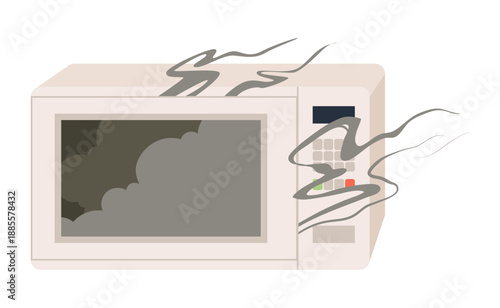 Damaged microwave emitting smoke and malfunctioning, isolated on white background, broken electronic equipment vector illustration