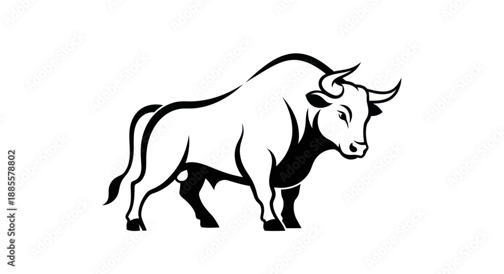 Fototapeta premium Bold bull illustration powerful silhouette on white background