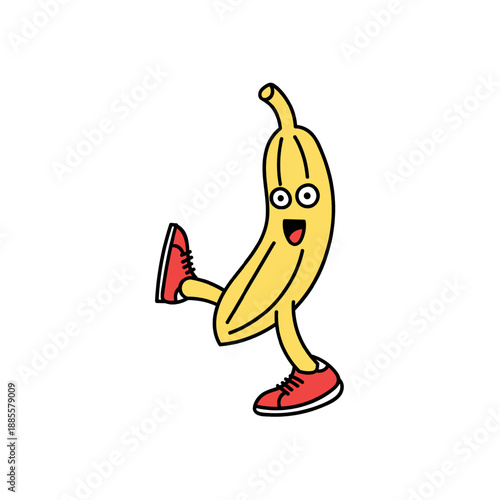 Cheerful Cartoon Banana Mascot Striding Happily in Red Sneakers