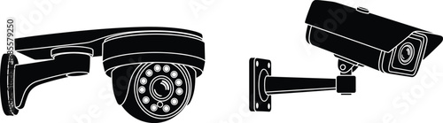 Black and white CCTV security camera illustration set isolated on white background, modern surveillance equipment icons for safety monitoring systems