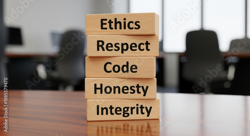 Ethical business practices and core values concept with wooden blocks. This image represents the importance of ethics, respect, and integrity in the workplace
