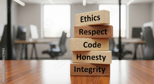 Ethical business practices and core values concept with wooden blocks. This image represents the importance of ethics, respect, and integrity in the workplace