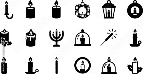 Candle icons silhouette set with lanterns holders flames holiday decor romantic lighting black vector illustration isolated white background collection design elements symbols