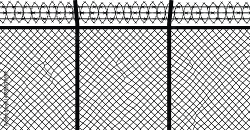 Chain link fence with barbed wire illustration, high security perimeter barrier, prison industrial boundary protection concept, monochrome vector graphic design