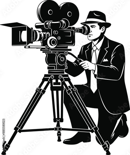 Black and white filmmaker illustration operating vintage movie camera on tripod, classic cinema production scene isolated on white background