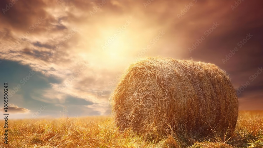 Fototapeta premium A large round hay bale rests in a golden field under a dramatic sunset sky. Concept Golden hour landscape, Hay bale in field, Rural sunset, Dramatic sky, Farm life