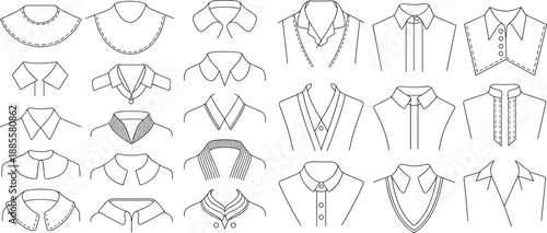 Collar design set, fashion illustration, garment construction, sewing reference, neckline styles, technical sketch, apparel template, clothing detail, vector art, tailoring guide
