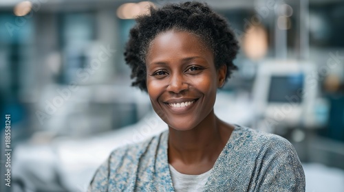 Warm portrait of professional black nurse in clean clinical setting, smiling sincerely and exuding confidence, background blurred with modern hospital equipment. cinematic color correction, natural
