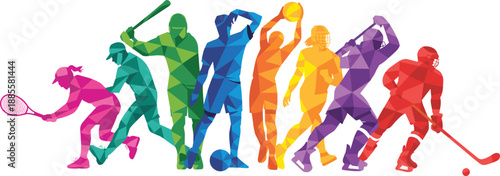 Polygonal sports silhouettes, colorful athlete illustration, tennis, baseball, soccer, basketball, volleyball, football, field hockey, ice hockey, action, movement