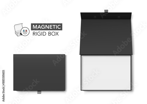 Black magnetic rigid box with tab mockup. Vector illustration isolated on white background. Taking your 2D designs into 3D. Can be use for gift box, luxury, cosmetics, and other goods. EPS10.